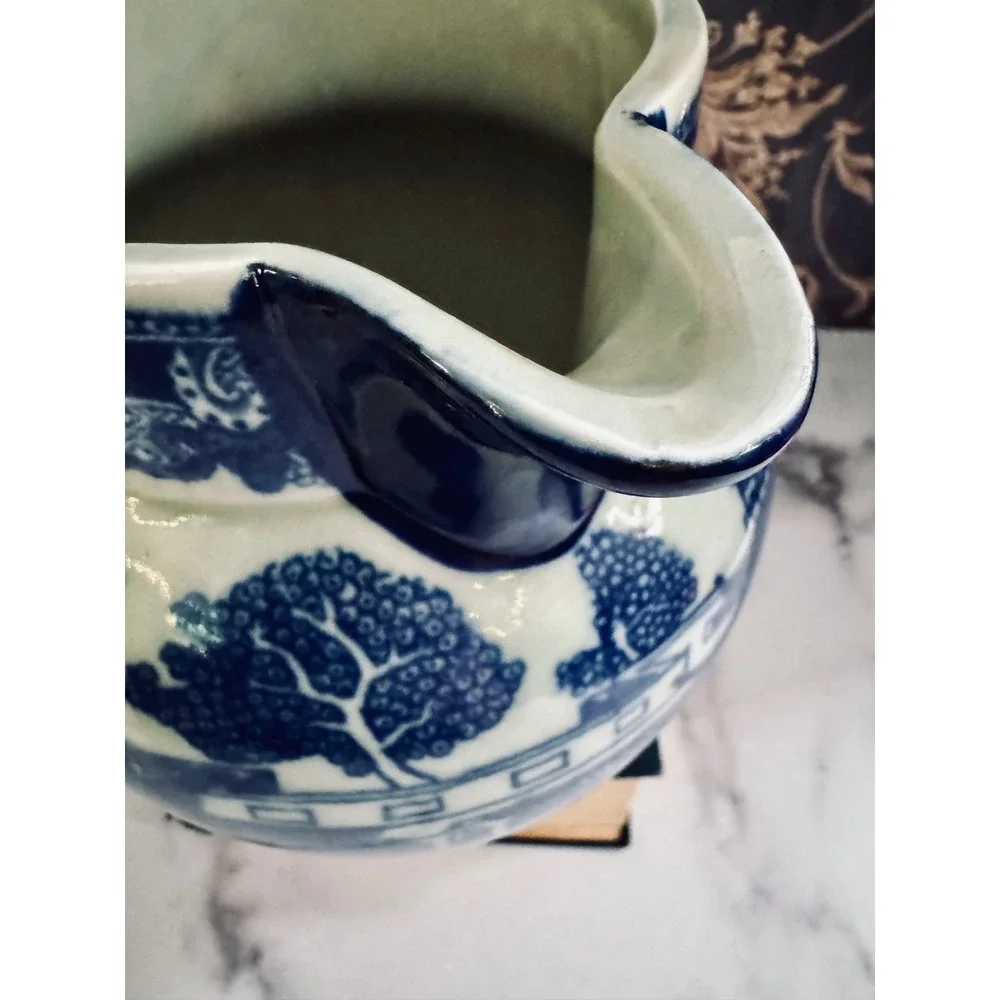 Victoria Ironstone Blue White Pitcher Flow Blue Style Oriental Landscape Jug